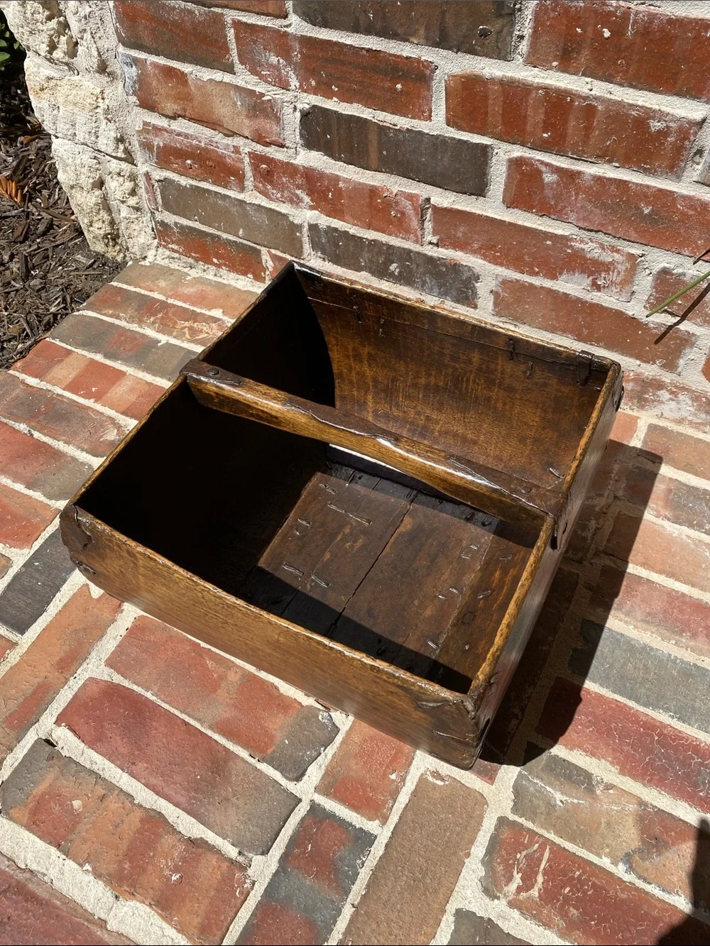 Antique Chinese Wooden Rice Measure Basket w/Handle and rustic metal accents